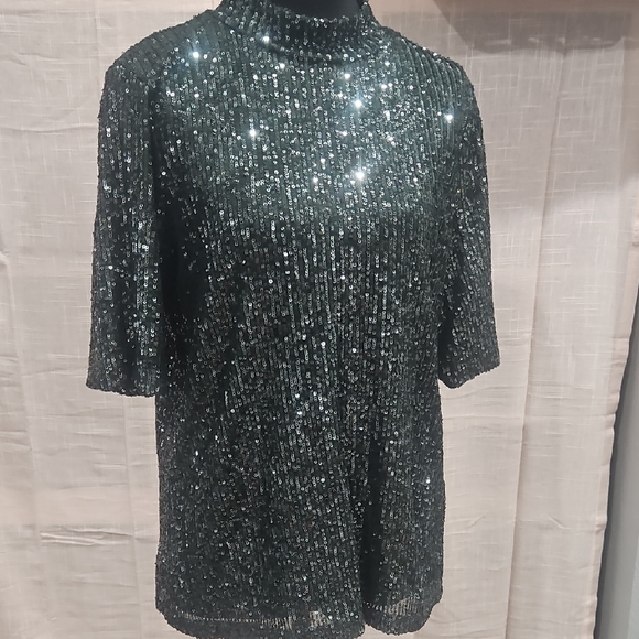 Calvin Klein Tops - Calvin Klein Emerald Green Sequined Short-Sleeve Mock Neck Top size L